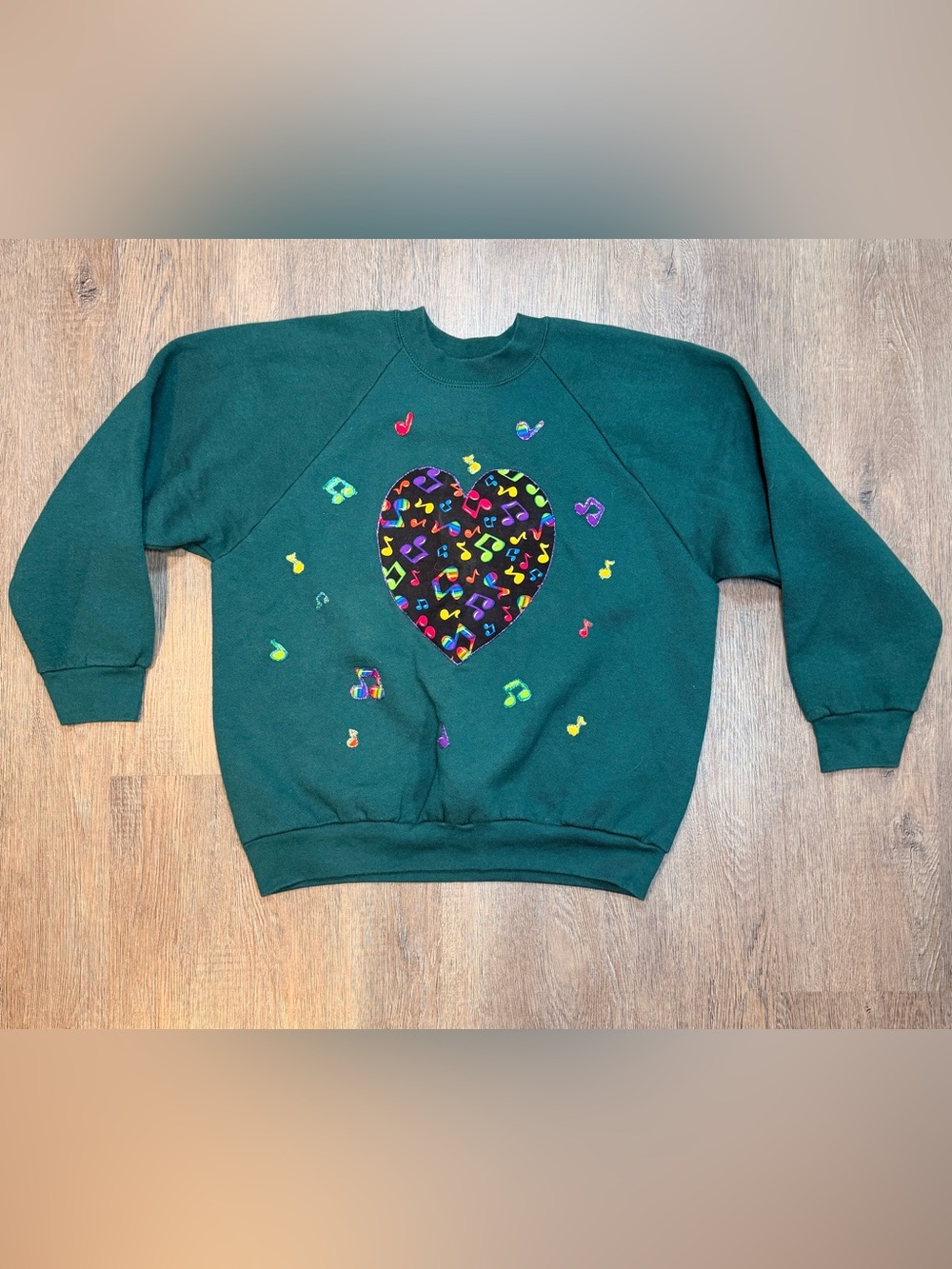 Vintage 90s Fruit of the Loom Mens L Green Music Note Heart Crewneck Sweatshirt